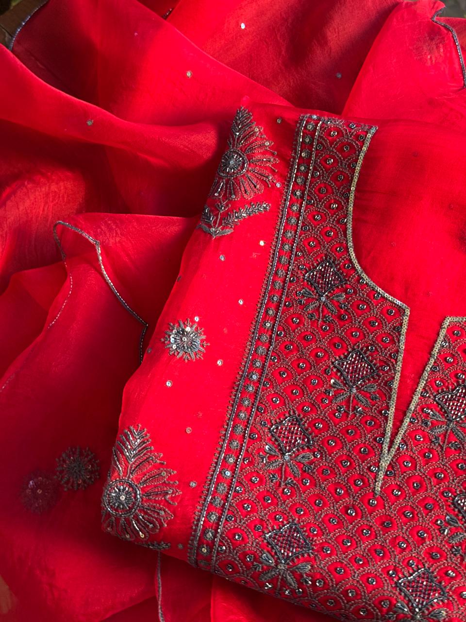 Strawberry Red Shade Noor Organza Silk Chikankari Unstitched Fabric