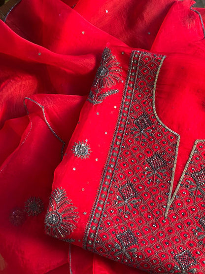 Strawberry Red Shade Noor Organza Silk Chikankari Unstitched Fabric