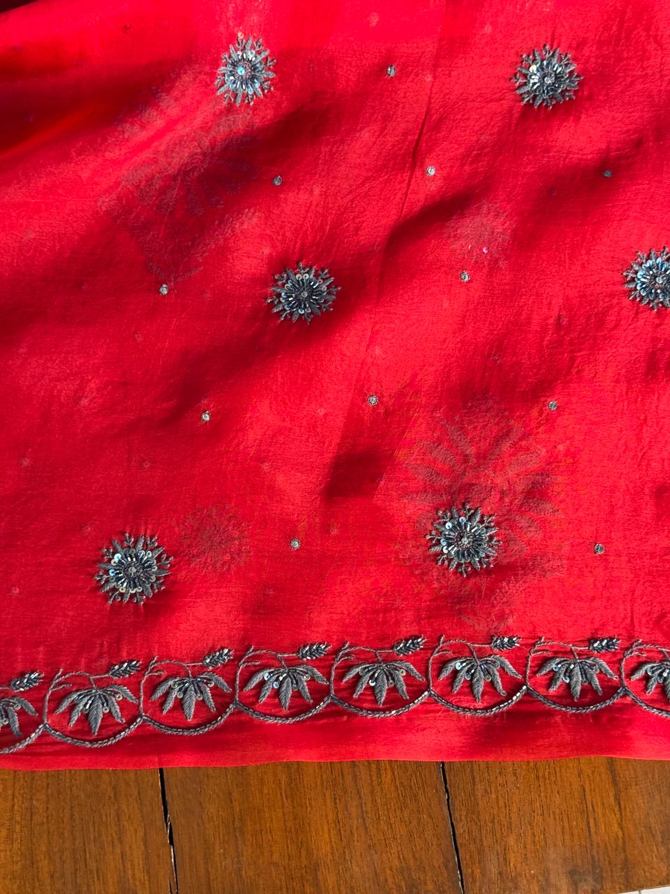 Strawberry Red Shade Noor Organza Silk Chikankari Unstitched Fabric