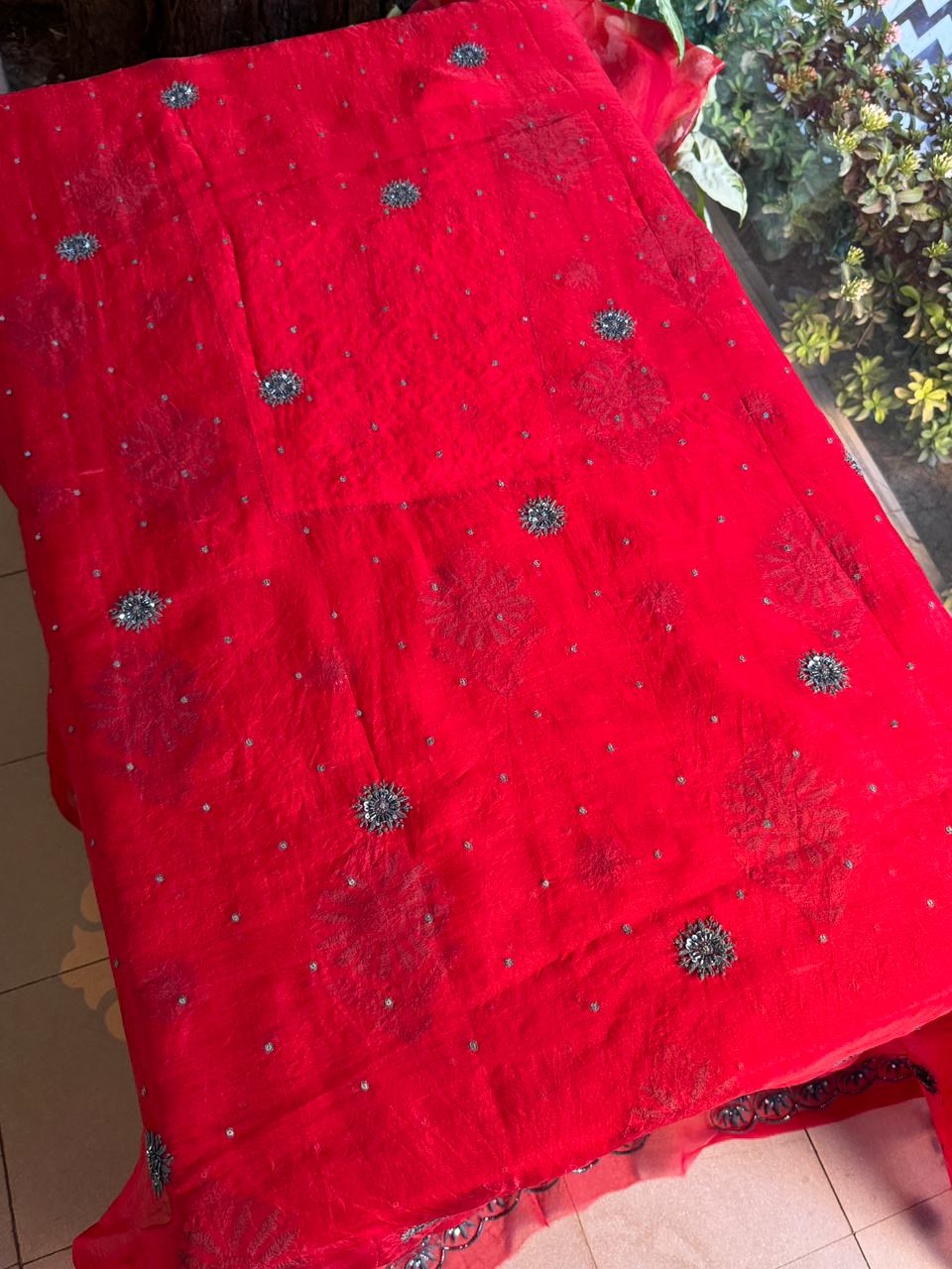 Strawberry Red Shade Noor Organza Silk Chikankari Unstitched Fabric