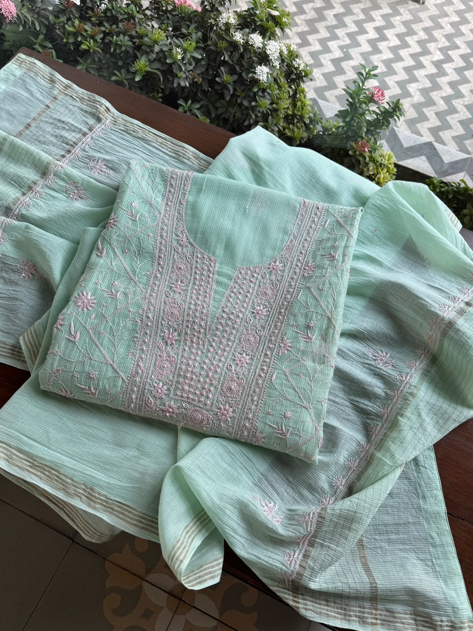 Summer Green Shade Chanderi Silk Mukaish Badla Unstitched Fabric