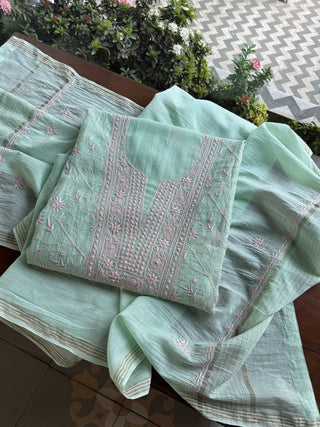 Summer Green Shade Chanderi Silk Mukaish Badla Unstitched Fabric