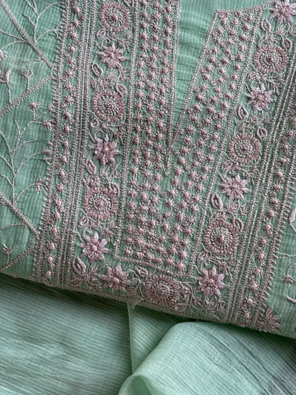 Summer Green Shade Chanderi Silk Mukaish Badla Unstitched Fabric