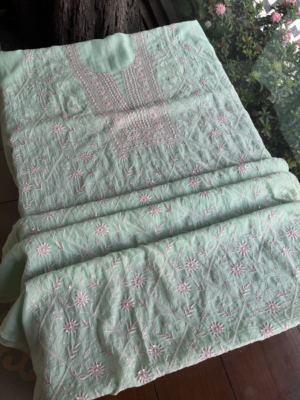 Summer Green Shade Chanderi Silk Mukaish Badla Unstitched Fabric