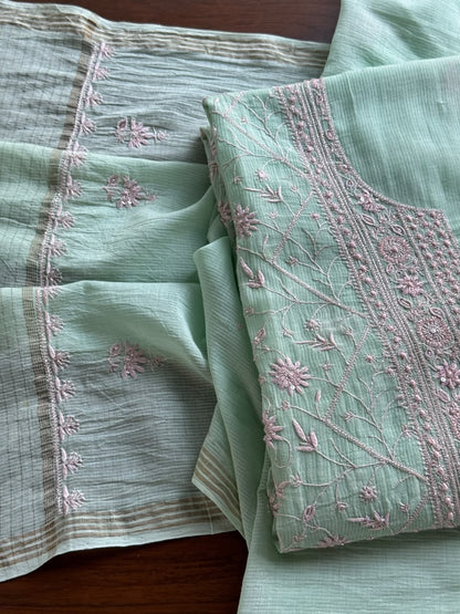 Summer Green Shade Chanderi Silk Mukaish Badla Unstitched Fabric