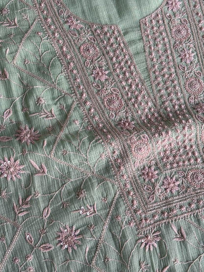 Summer Green Shade Chanderi Silk Mukaish Badla Unstitched Fabric