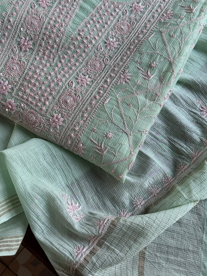 Summer Green Shade Chanderi Silk Mukaish Badla Unstitched Fabric