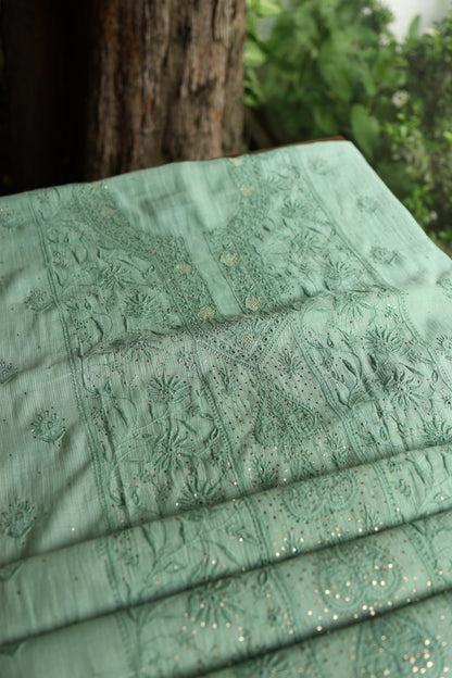 Summer Green Shade Mal Cotton Fine Chikankari With Kamdani Work Unstitched Fabric
