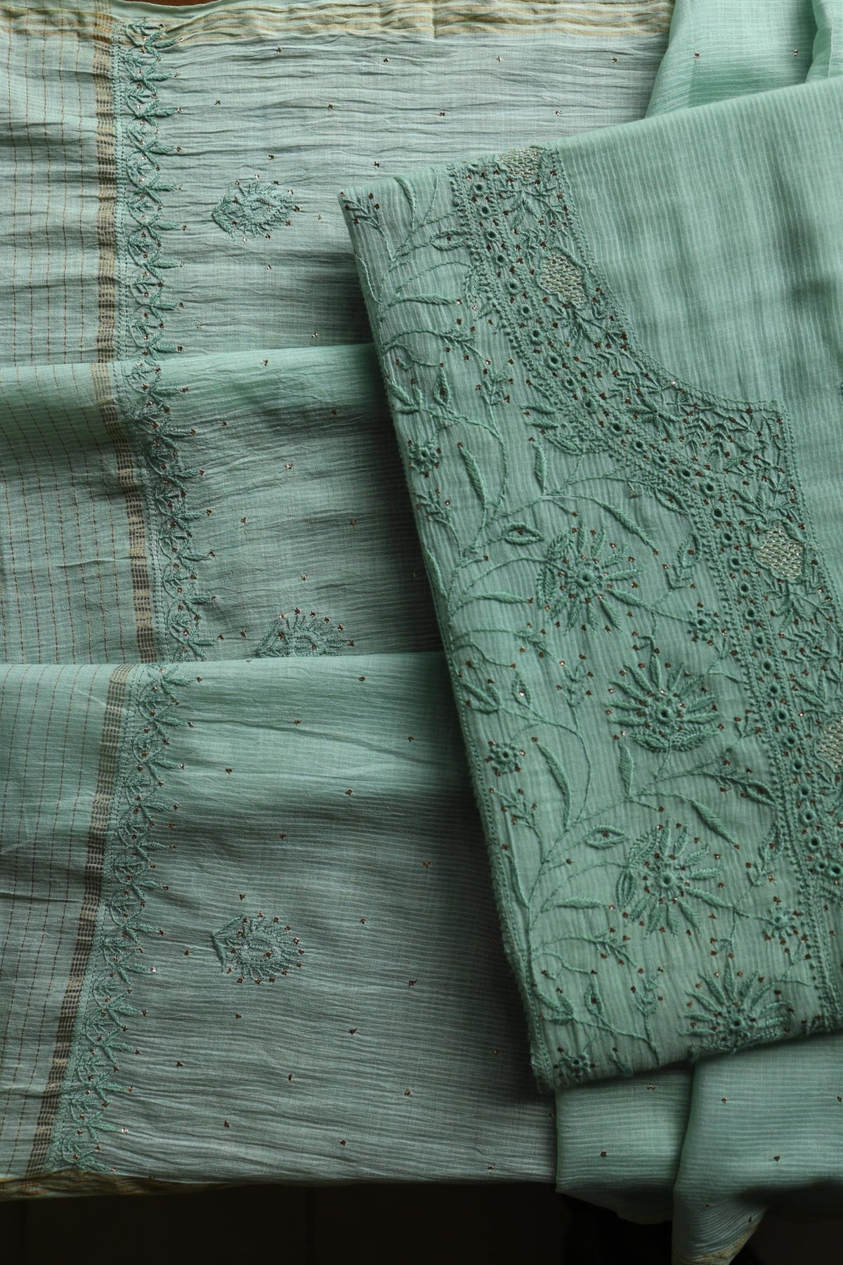Summer Green Shade Mal Cotton Fine Chikankari With Kamdani Work Unstitched Fabric