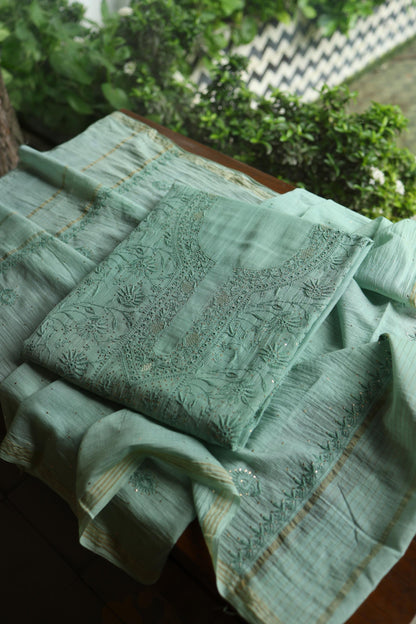 Summer Green Shade Mal Cotton Fine Chikankari With Kamdani Work Unstitched Fabric