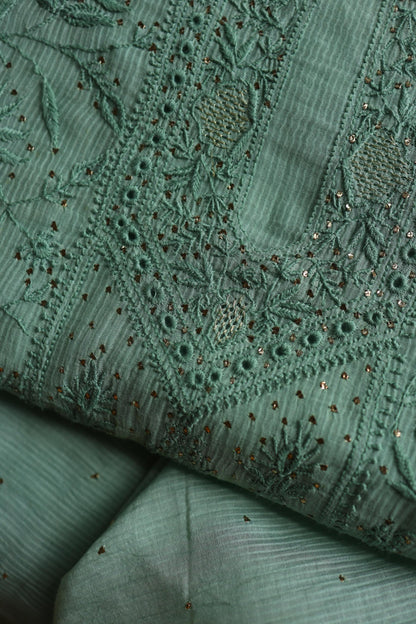 Summer Green Shade Mal Cotton Fine Chikankari With Kamdani Work Unstitched Fabric