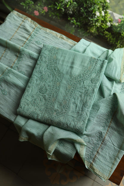 Summer Green Shade Mal Cotton Fine Chikankari With Kamdani Work Unstitched Fabric