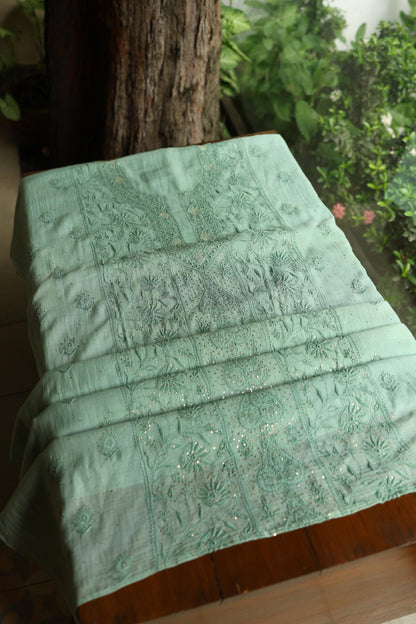 Summer Green Shade Mal Cotton Fine Chikankari With Kamdani Work Unstitched Fabric