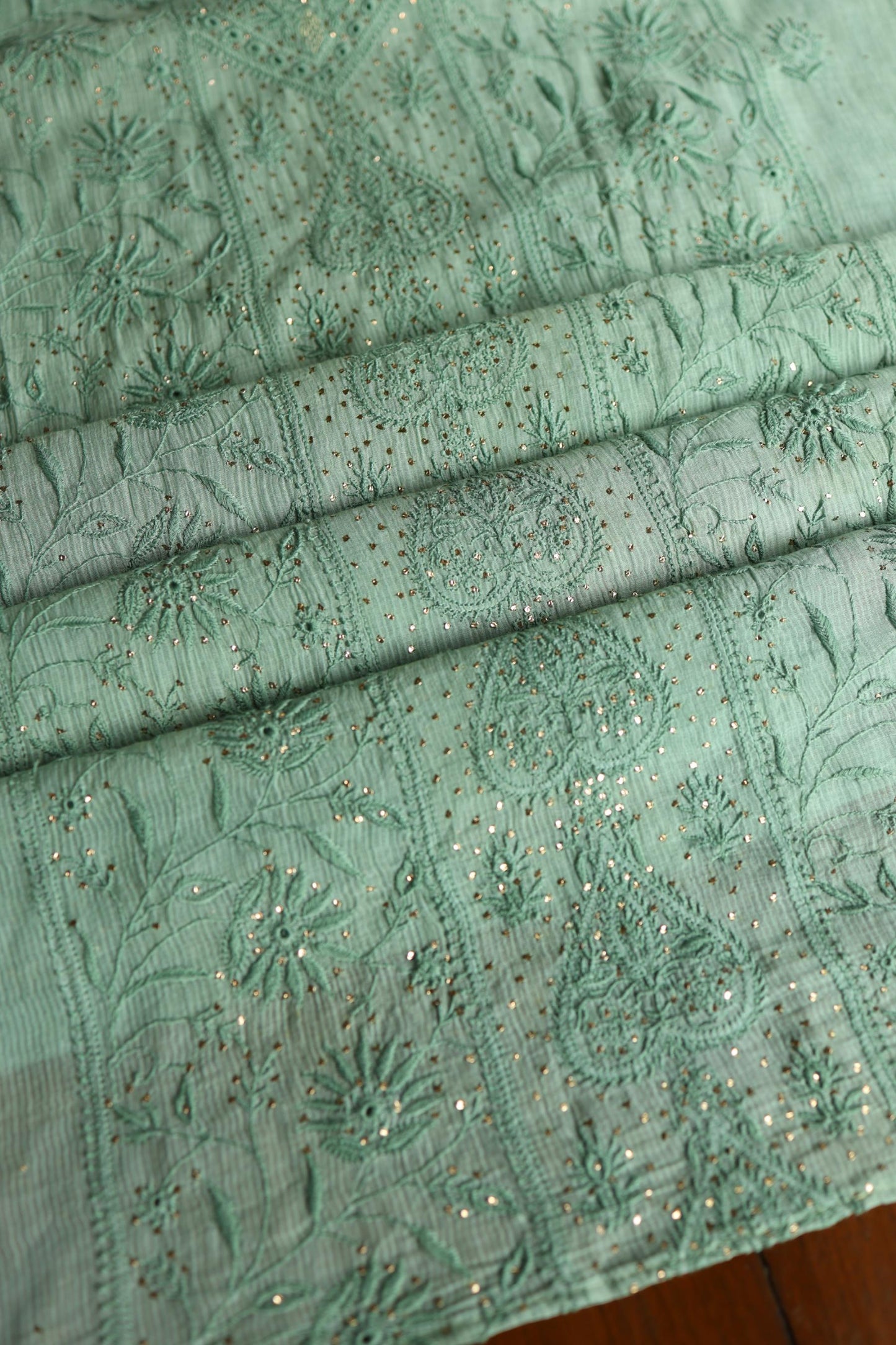 Summer Green Shade Mal Cotton Fine Chikankari With Kamdani Work Unstitched Fabric