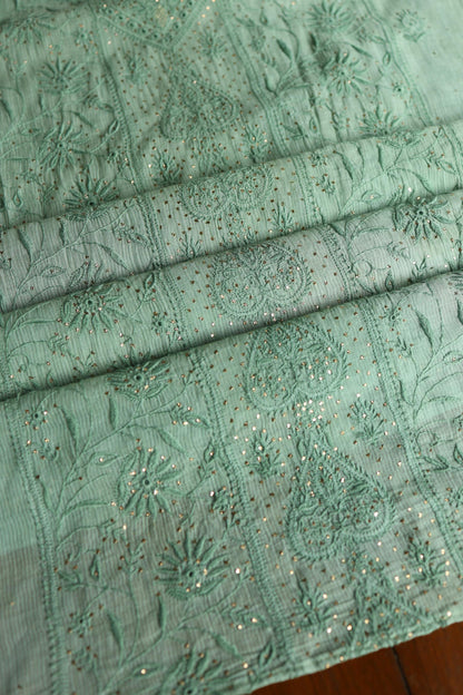Summer Green Shade Mal Cotton Fine Chikankari With Kamdani Work Unstitched Fabric
