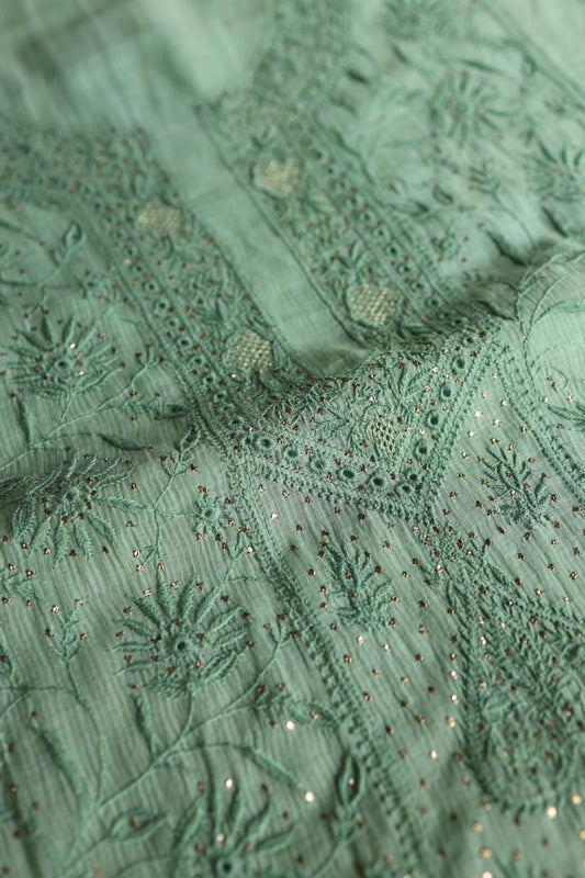 Summer Green Shade Mal Cotton Fine Chikankari With Kamdani Work Unstitched Fabric