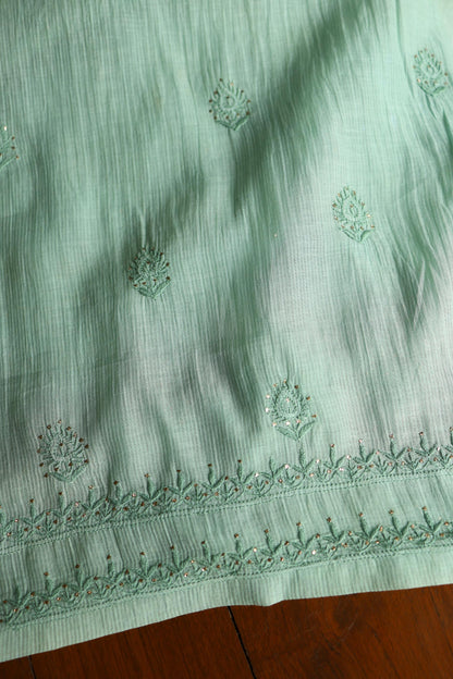 Summer Green Shade Mal Cotton Fine Chikankari With Kamdani Work Unstitched Fabric