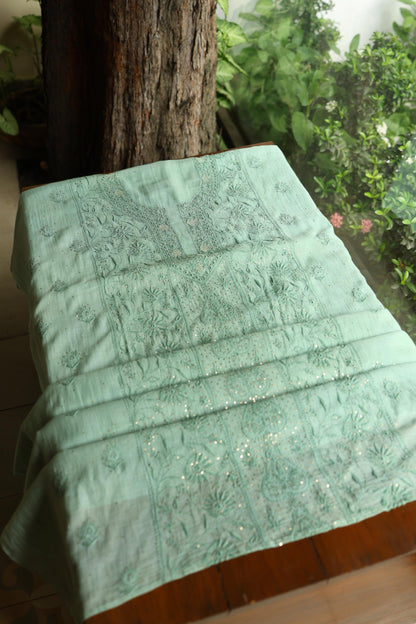 Summer Green Shade Mal Cotton Fine Chikankari With Kamdani Work Unstitched Fabric