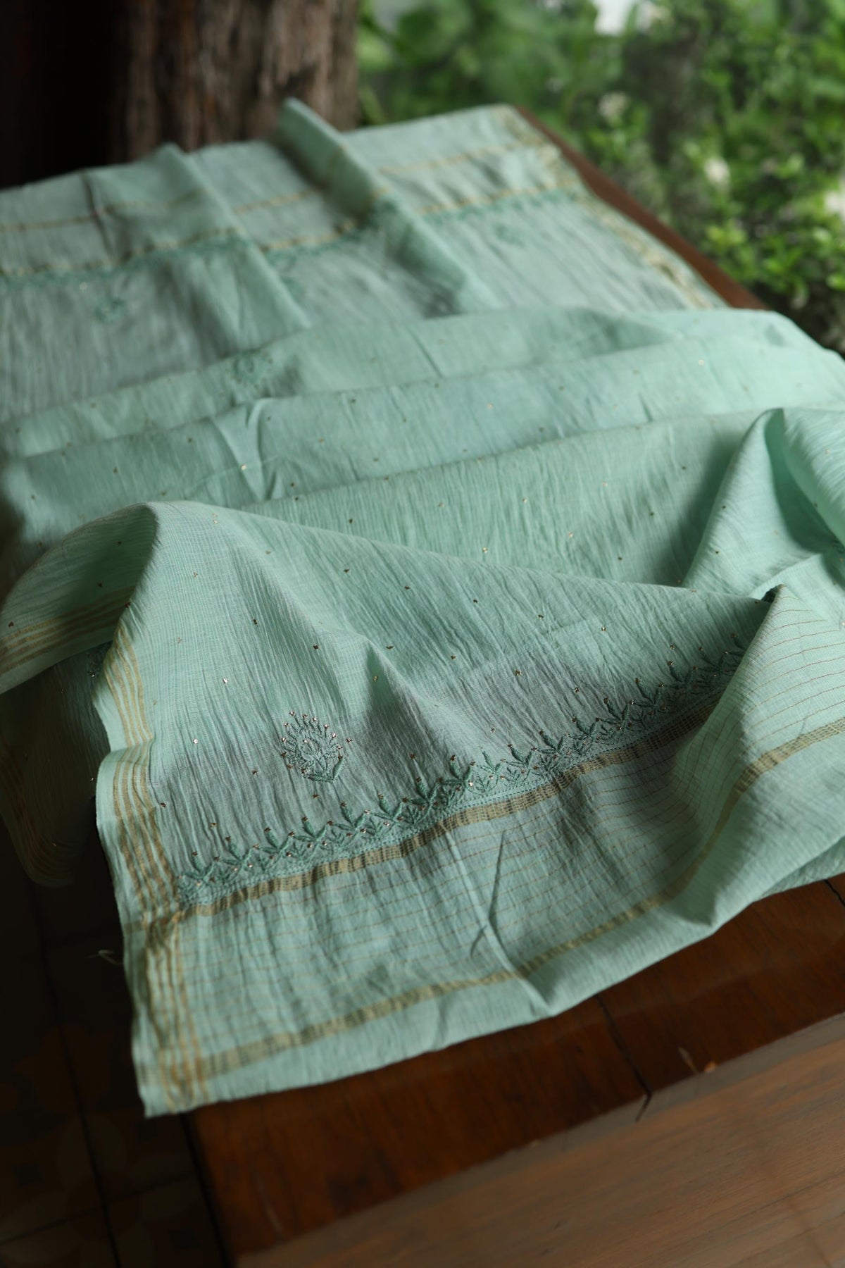 Summer Green Shade Mal Cotton Fine Chikankari With Kamdani Work Unstitched Fabric