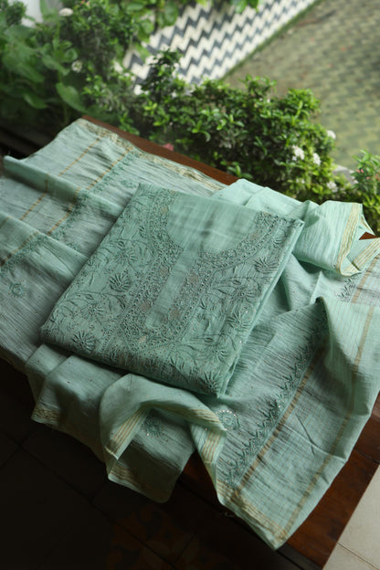 Summer Green Shade Mal Cotton Fine Chikankari With Kamdani Work Unstitched Fabric