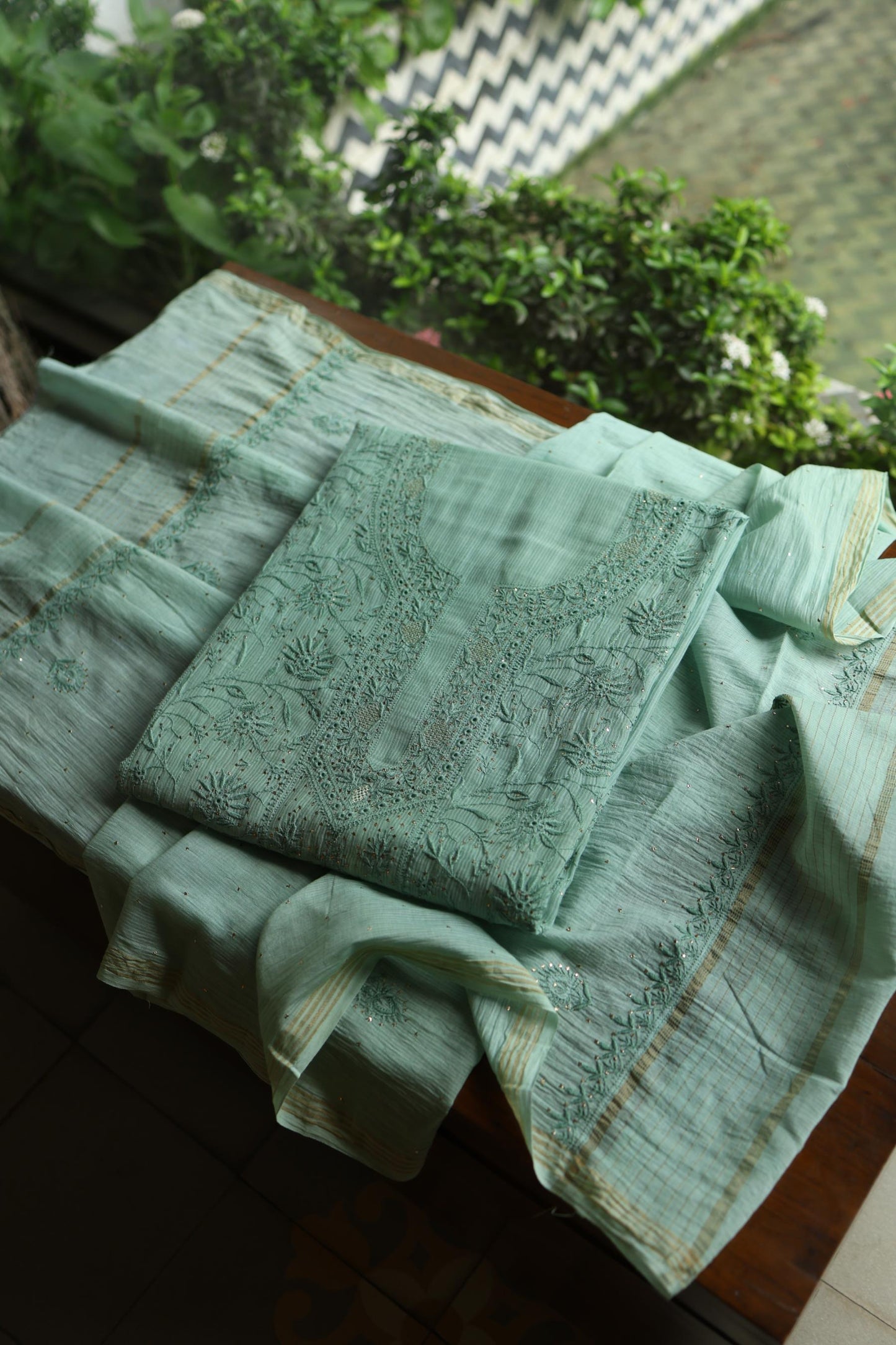 Summer Green Shade Mal Cotton Fine Chikankari With Kamdani Work Unstitched Fabric