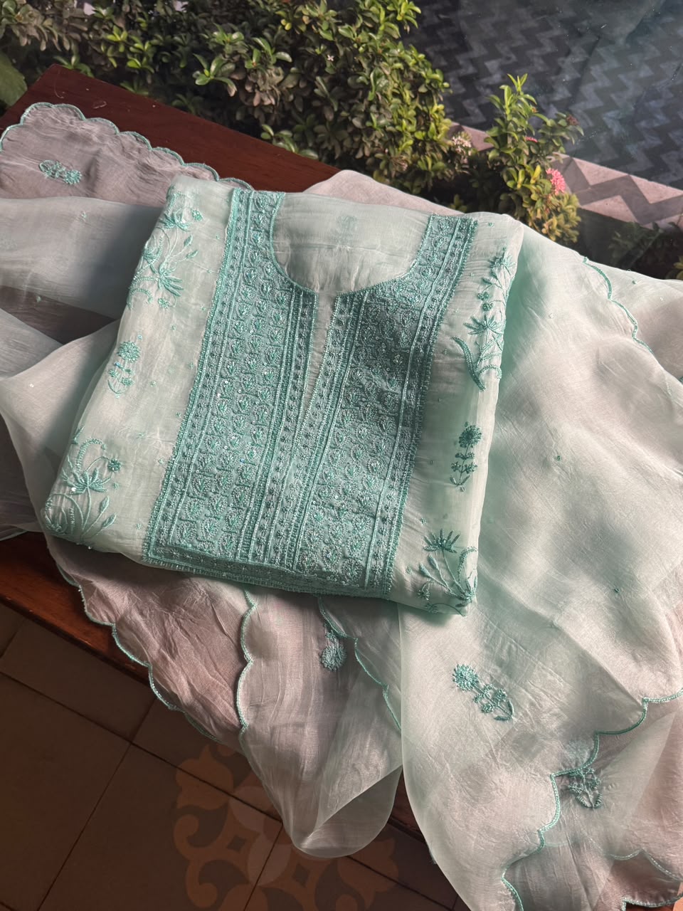 Summer Green Shade Noor Organza Silk Chikankari Unstitched Kurta Dupatta Set