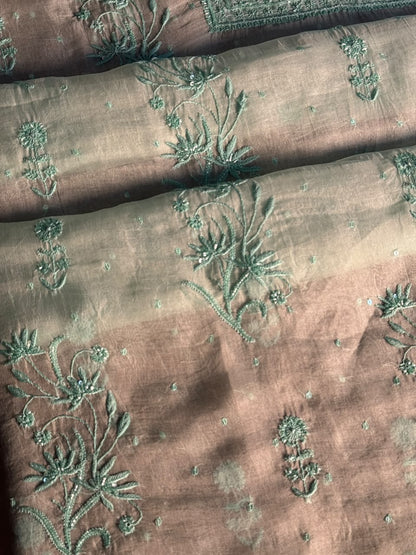 Summer Green Shade Noor Organza Silk Chikankari Unstitched Kurta Dupatta Set