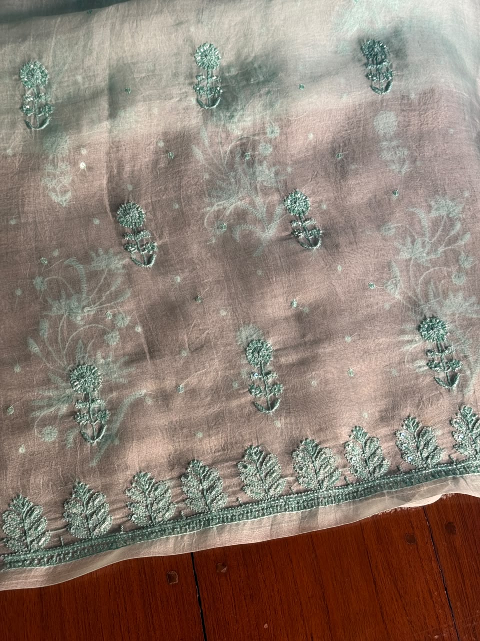 Summer Green Shade Noor Organza Silk Chikankari Unstitched Kurta Dupatta Set