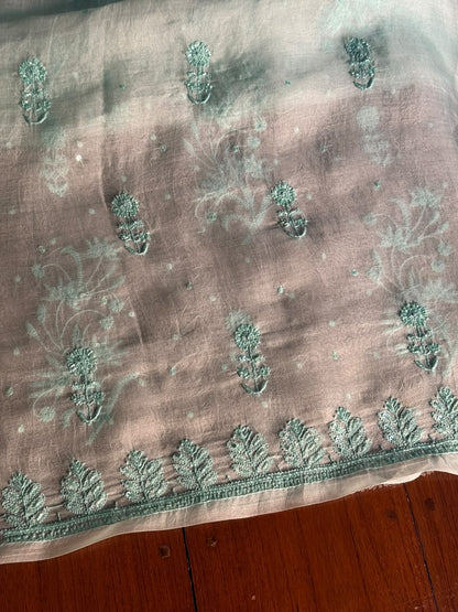 Summer Green Shade Noor Organza Silk Chikankari Unstitched Kurta Dupatta Set