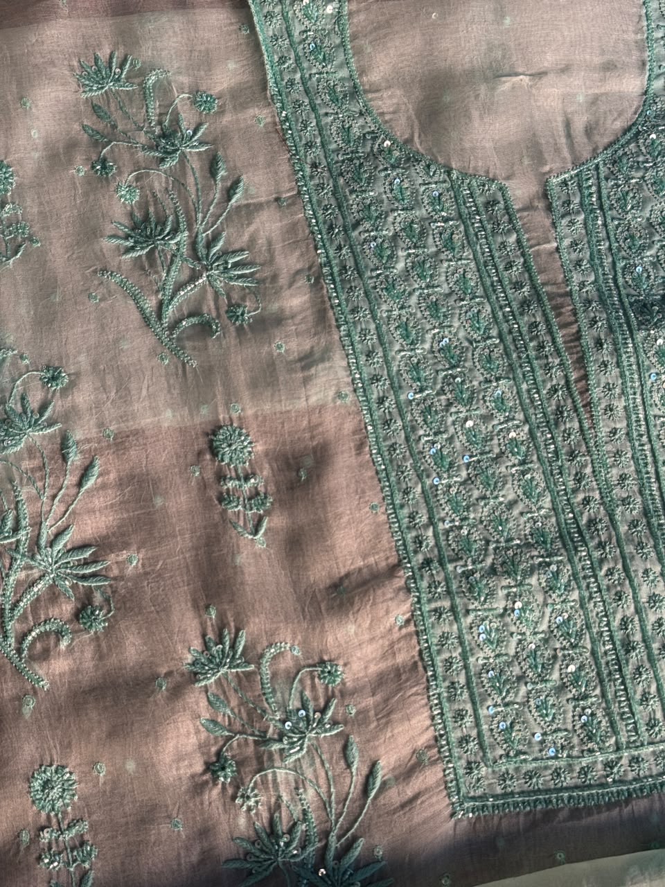 Summer Green Shade Noor Organza Silk Chikankari Unstitched Kurta Dupatta Set