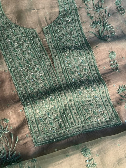 Summer Green Shade Noor Organza Silk Chikankari Unstitched Kurta Dupatta Set