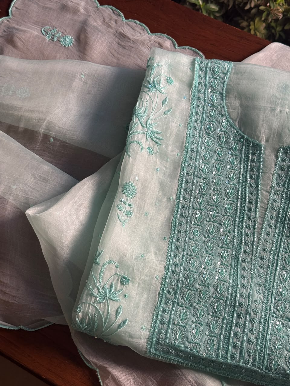 Summer Green Shade Noor Organza Silk Chikankari Unstitched Kurta Dupatta Set