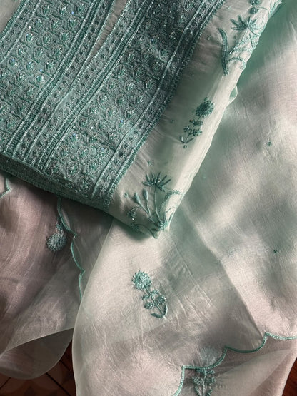Summer Green Shade Noor Organza Silk Chikankari Unstitched Kurta Dupatta Set