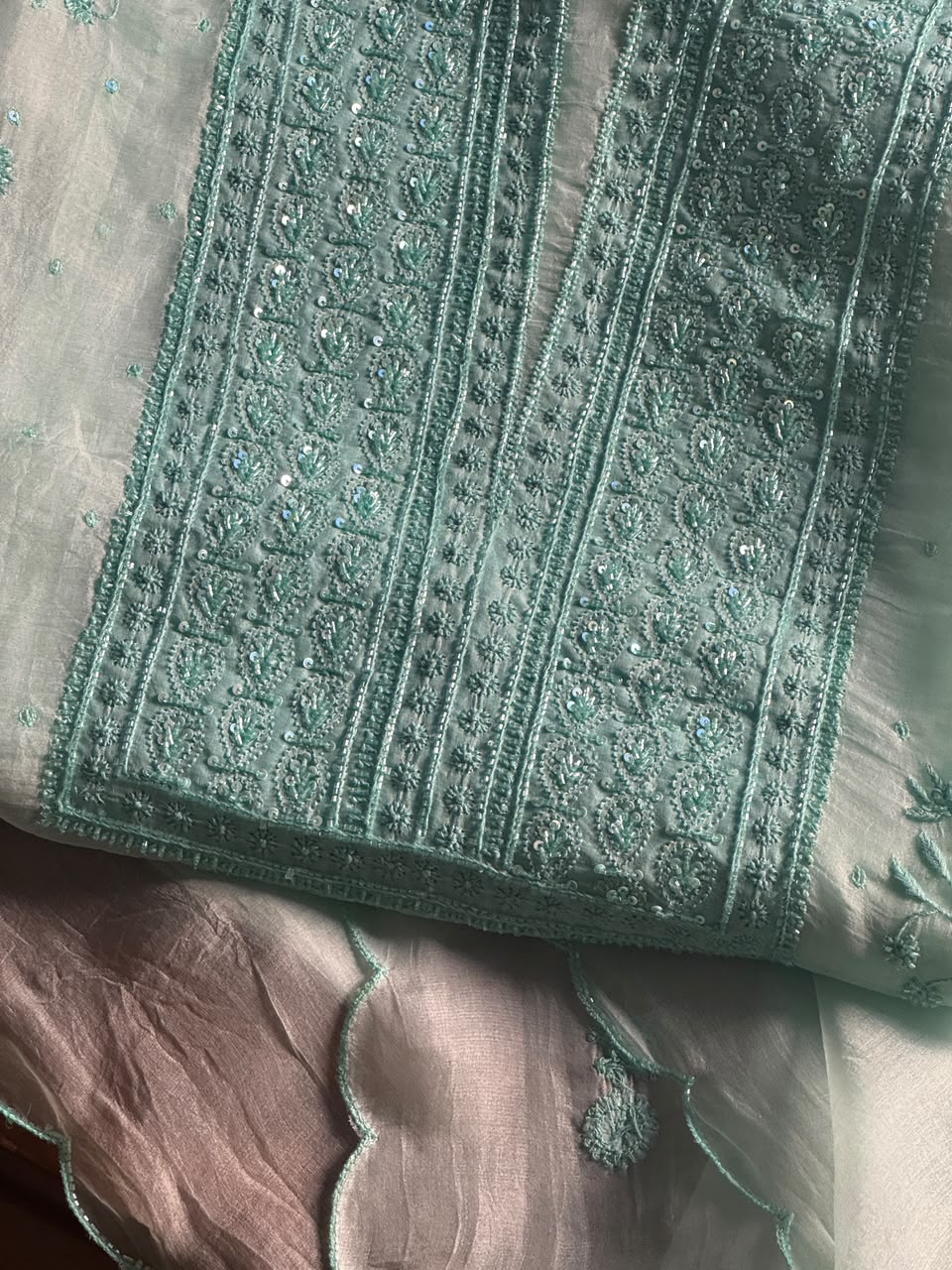 Summer Green Shade Noor Organza Silk Chikankari Unstitched Kurta Dupatta Set