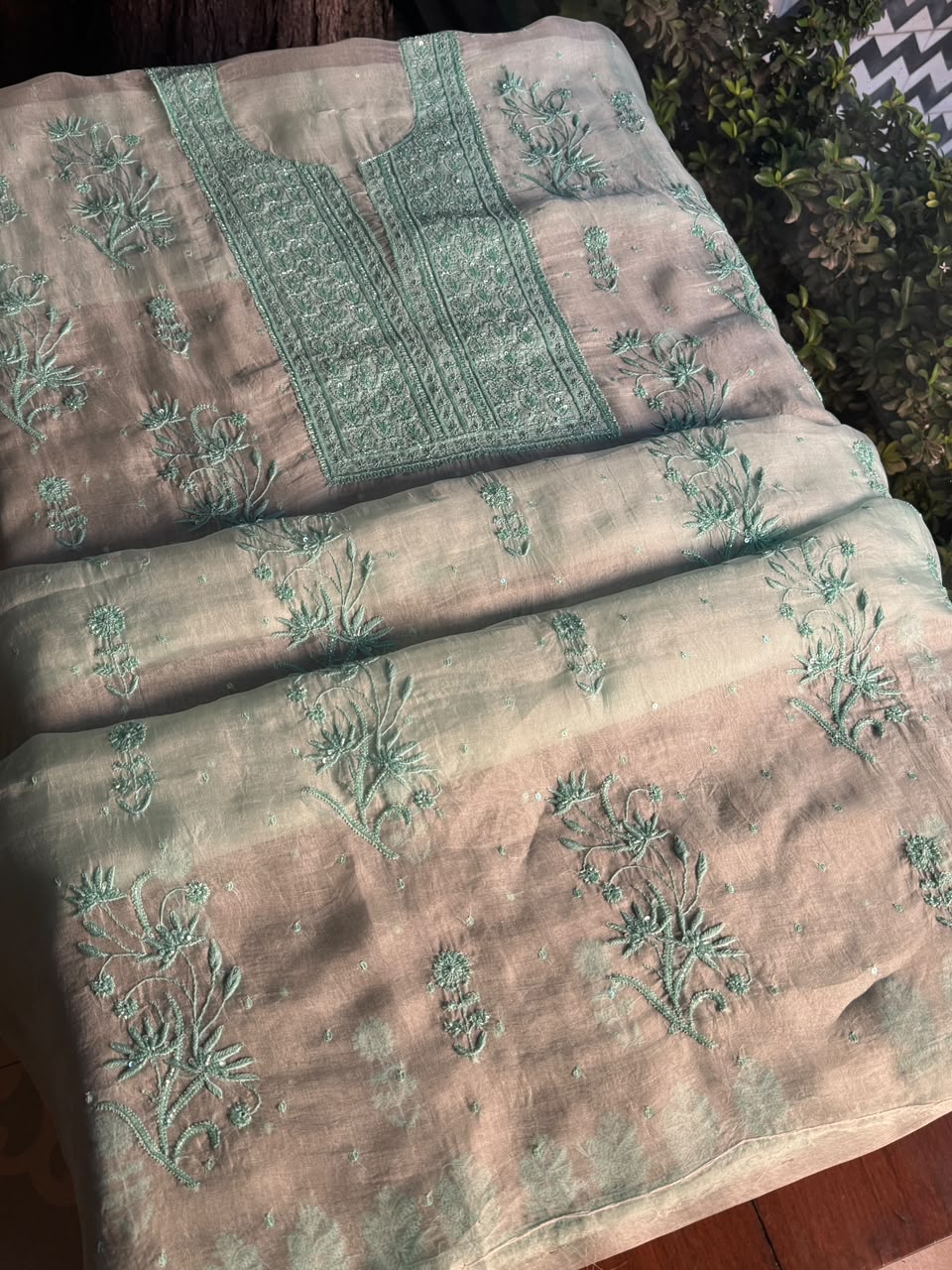 Summer Green Shade Noor Organza Silk Chikankari Unstitched Kurta Dupatta Set