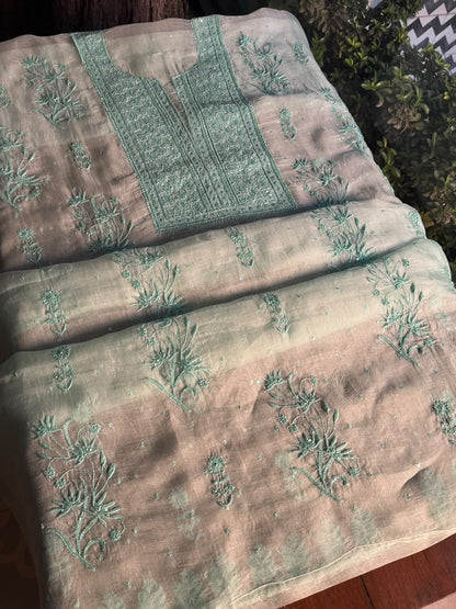 Summer Green Shade Noor Organza Silk Chikankari Unstitched Kurta Dupatta Set