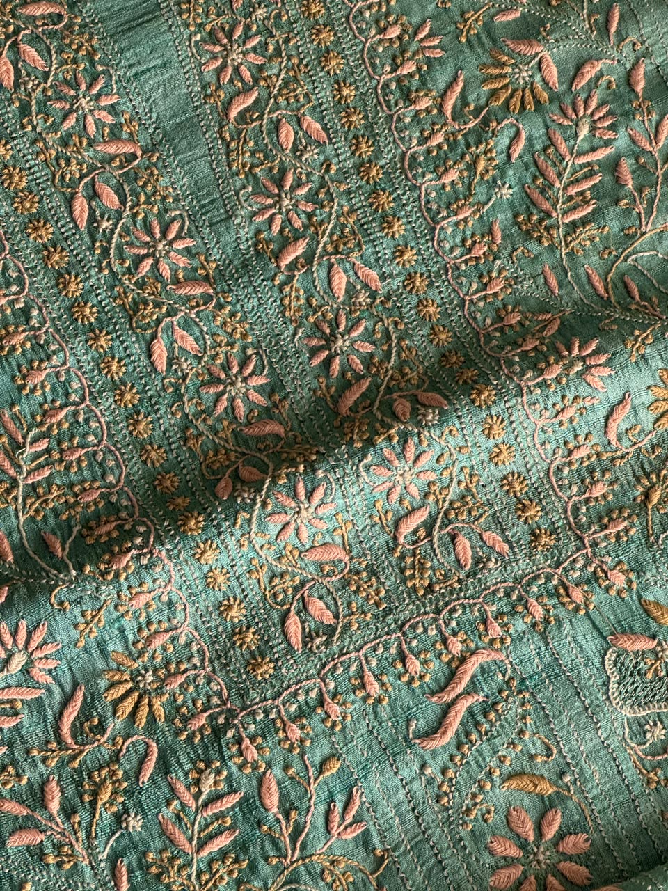Summer Green Tussar Silk Unstitched Kurta Dupatta Set with Multicolour Chikankari Embroidery