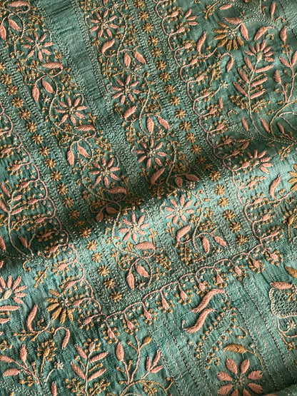 Summer Green Tussar Silk Unstitched Kurta Dupatta Set with Multicolour Chikankari Embroidery
