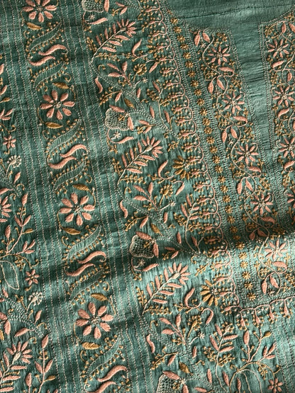 Summer Green Tussar Silk Unstitched Kurta Dupatta Set with Multicolour Chikankari Embroidery