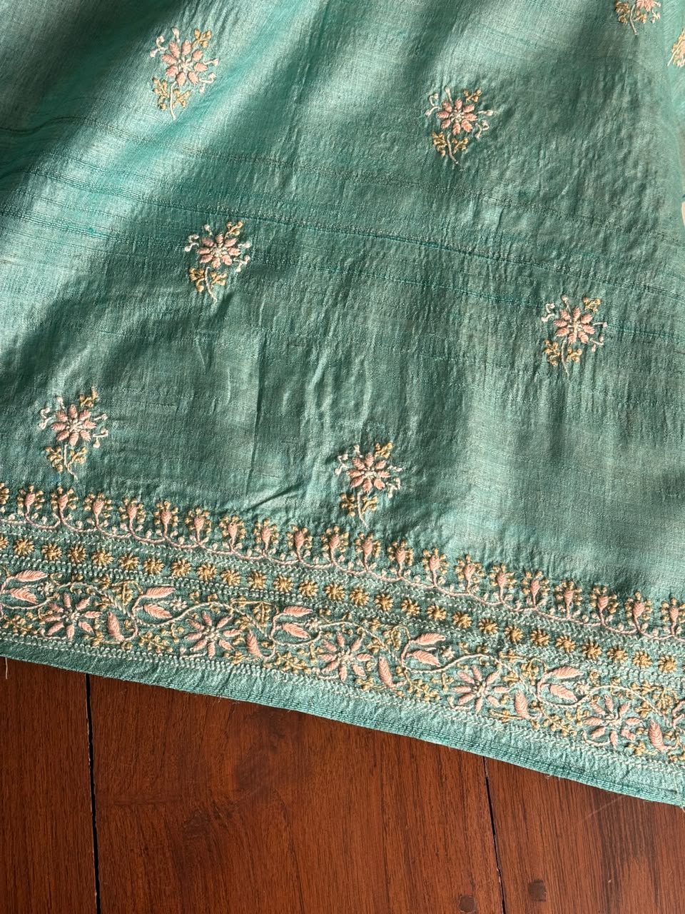Summer Green Tussar Silk Unstitched Kurta Dupatta Set with Multicolour Chikankari Embroidery