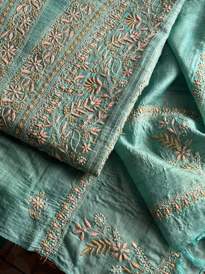 Summer Green Tussar Silk Unstitched Kurta Dupatta Set with Multicolour Chikankari Embroidery