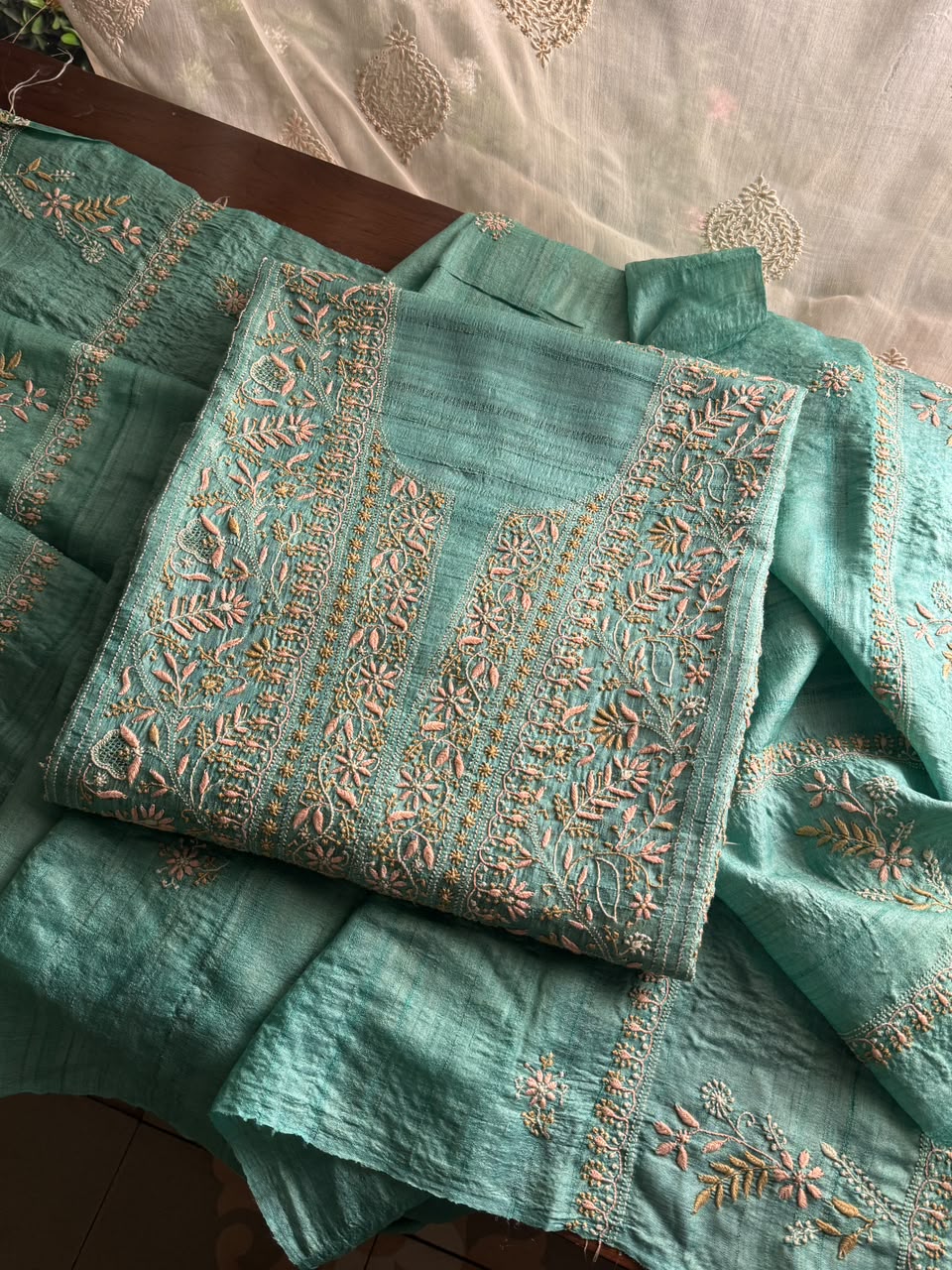Summer Green Tussar Silk Unstitched Kurta Dupatta Set with Multicolour Chikankari Embroidery
