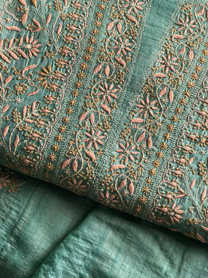 Summer Green Tussar Silk Unstitched Kurta Dupatta Set with Multicolour Chikankari Embroidery
