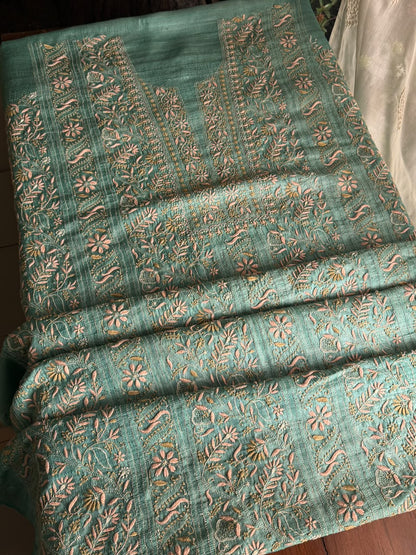 Summer Green Tussar Silk Unstitched Kurta Dupatta Set with Multicolour Chikankari Embroidery