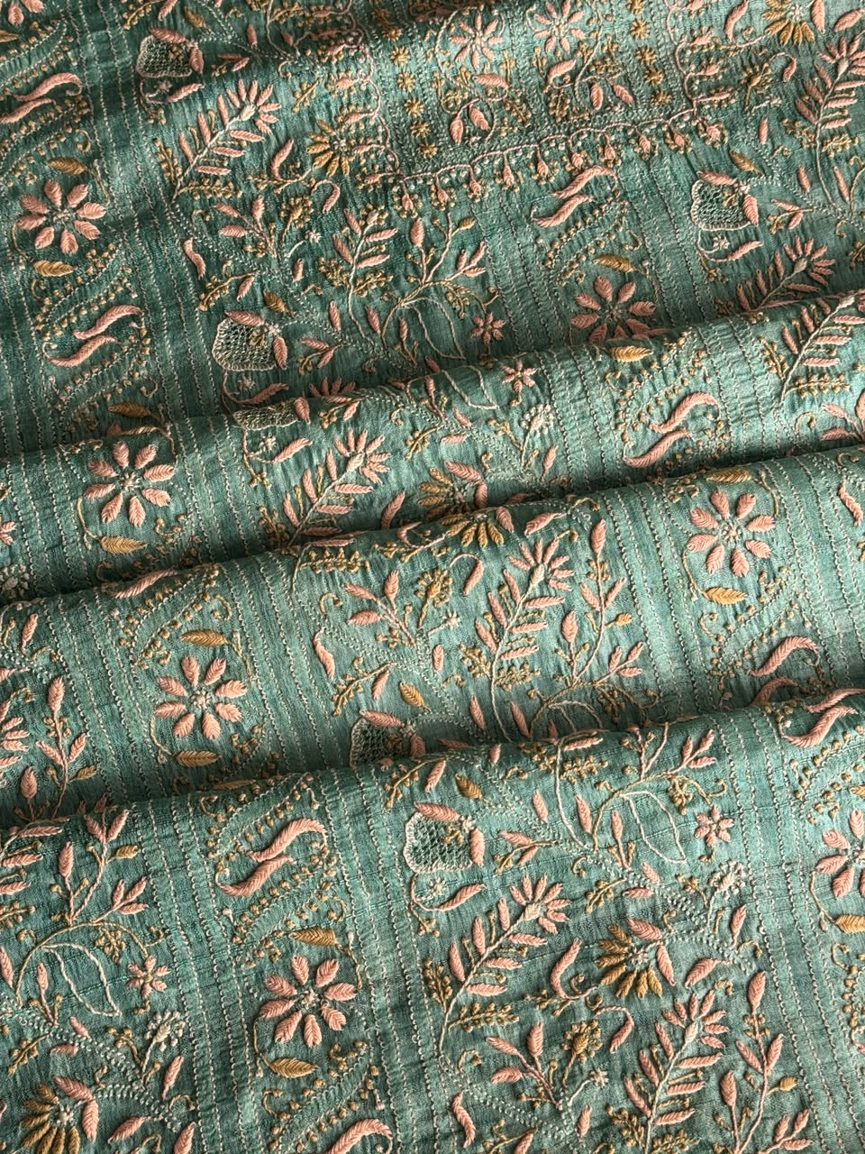 Summer Green Tussar Silk Unstitched Kurta Dupatta Set with Multicolour Chikankari Embroidery