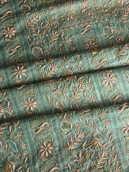 Summer Green Tussar Silk Unstitched Kurta Dupatta Set with Multicolour Chikankari Embroidery