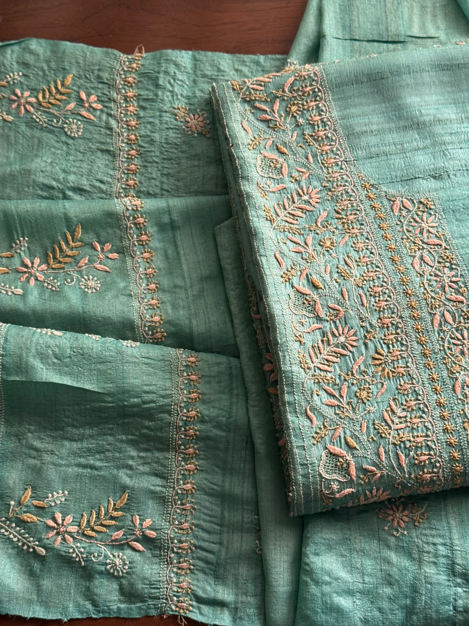 Summer Green Tussar Silk Unstitched Kurta Dupatta Set with Multicolour Chikankari Embroidery