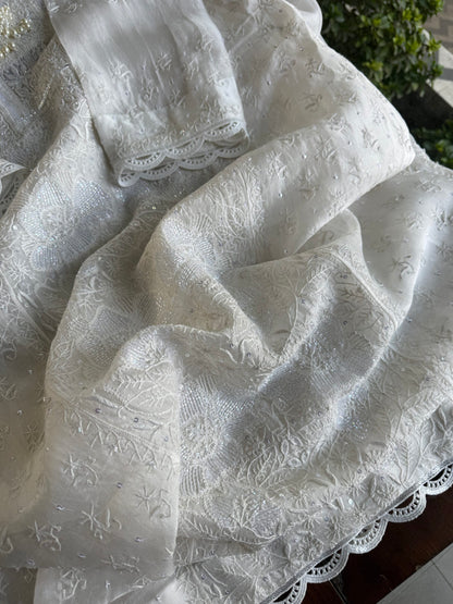 Swan White | Noor Organza Silk Chikankari Straight Cut Kurta Dupatta Set