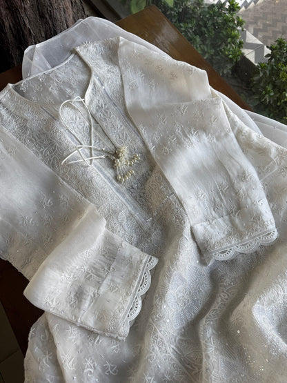 Swan White | Noor Organza Silk Chikankari Straight Cut Kurta Dupatta Set