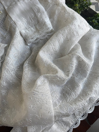 Swan White | Noor Organza Silk Chikankari Straight Cut Kurta Dupatta Set